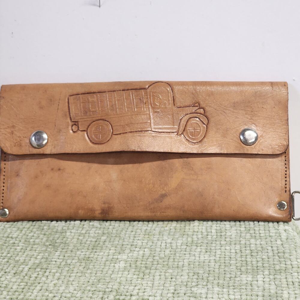 Vintage Handmade Leather Tool Pouch Embossed Truck Belt Bag Brown